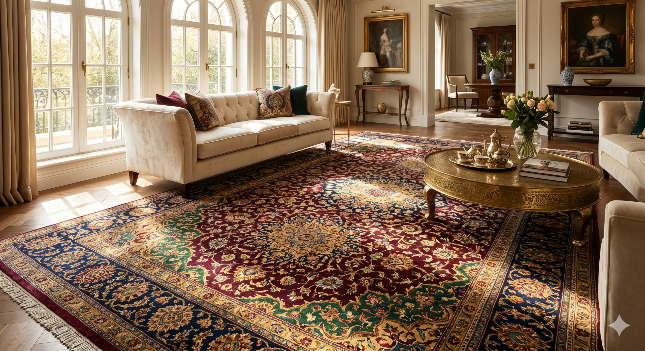 Hand knotted Kashmiri carpet – luxurious hand-knotted silk carpet displayed in premium living room setting – Sonzal the Rainbow