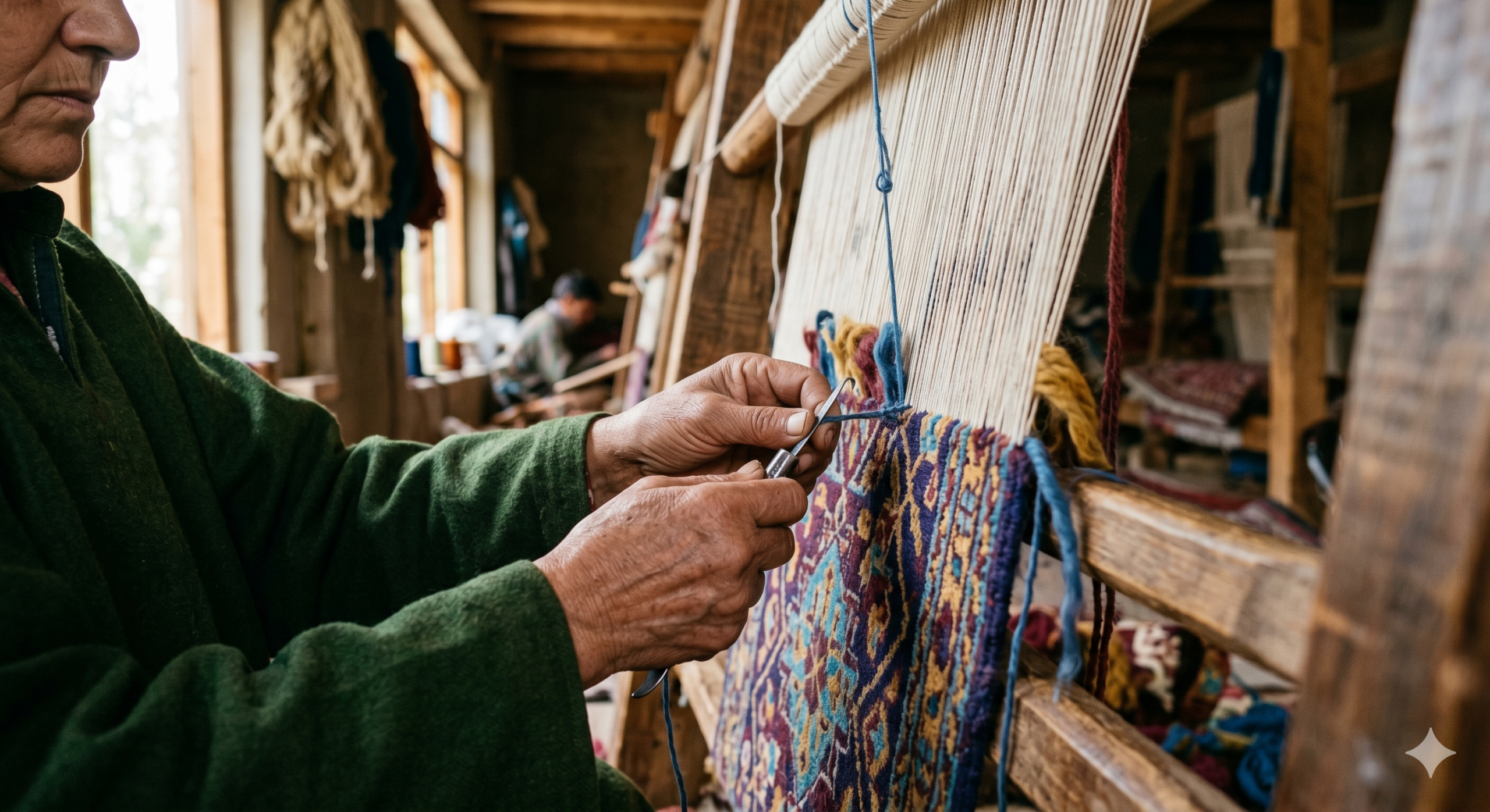 Hand knotted Kashmiri carpet – artisan hands weaving on traditional loom – Sonzal the Rainbow