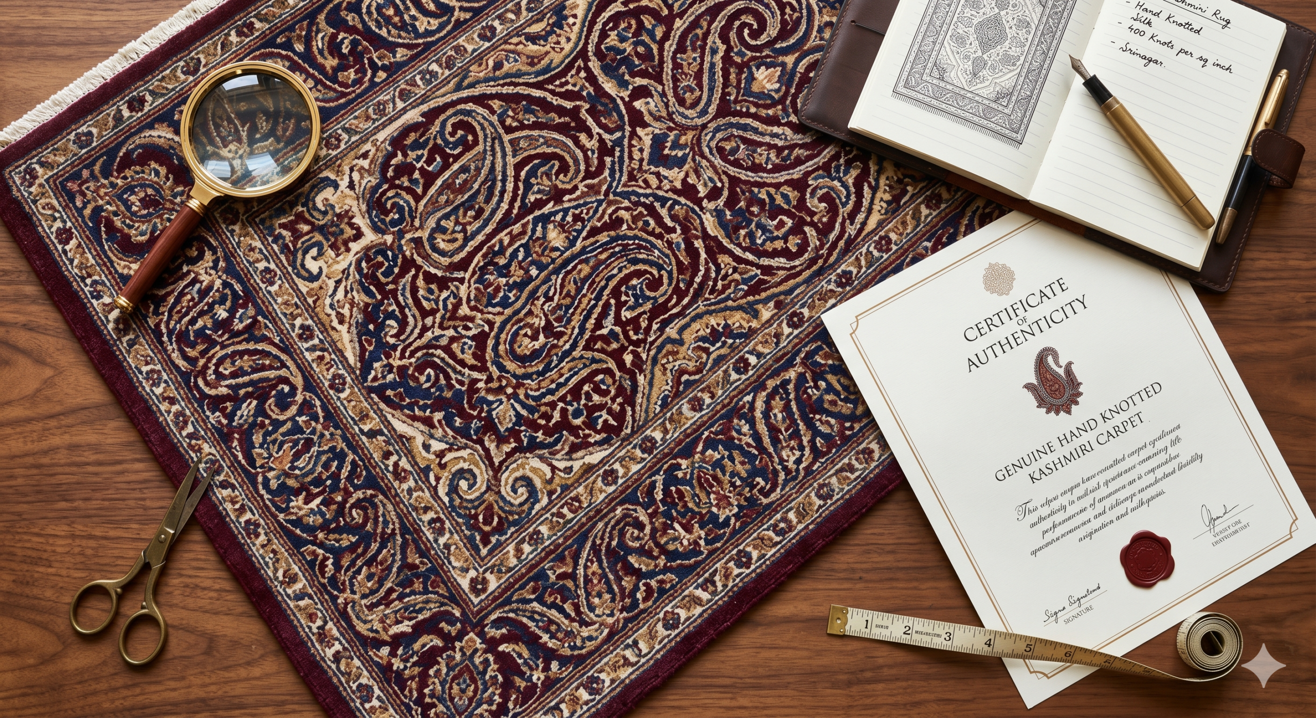 Hand knotted Kashmiri carpet – authenticity verification tools and certificate flat lay – Sonzal the Rainbow