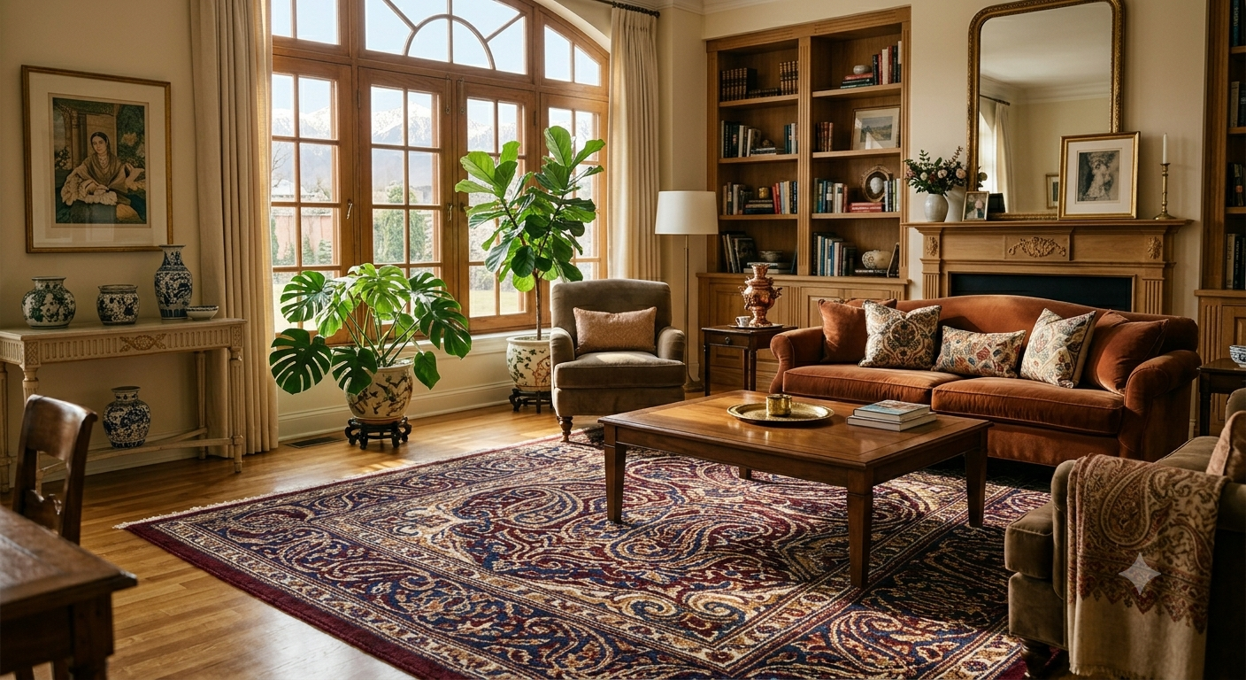 Hand knotted Kashmiri carpet – beautifully styled living room featuring the carpet – Sonzal the Rainbow