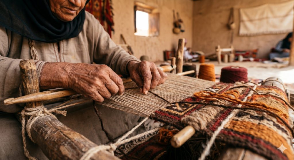 Hand knotted Omani carpet – Bedouin artisan hands weaving Sadu carpet on traditional ground loom – Sonzal the Rainbow