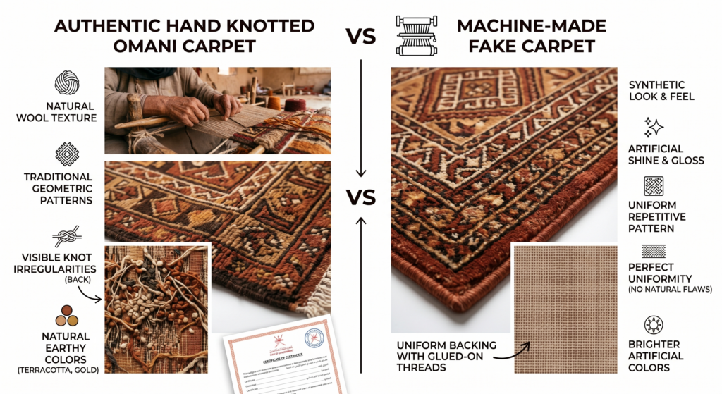 Hand knotted Omani carpet – authentic vs machine-made comparison infographic – Sonzal the Rainbow