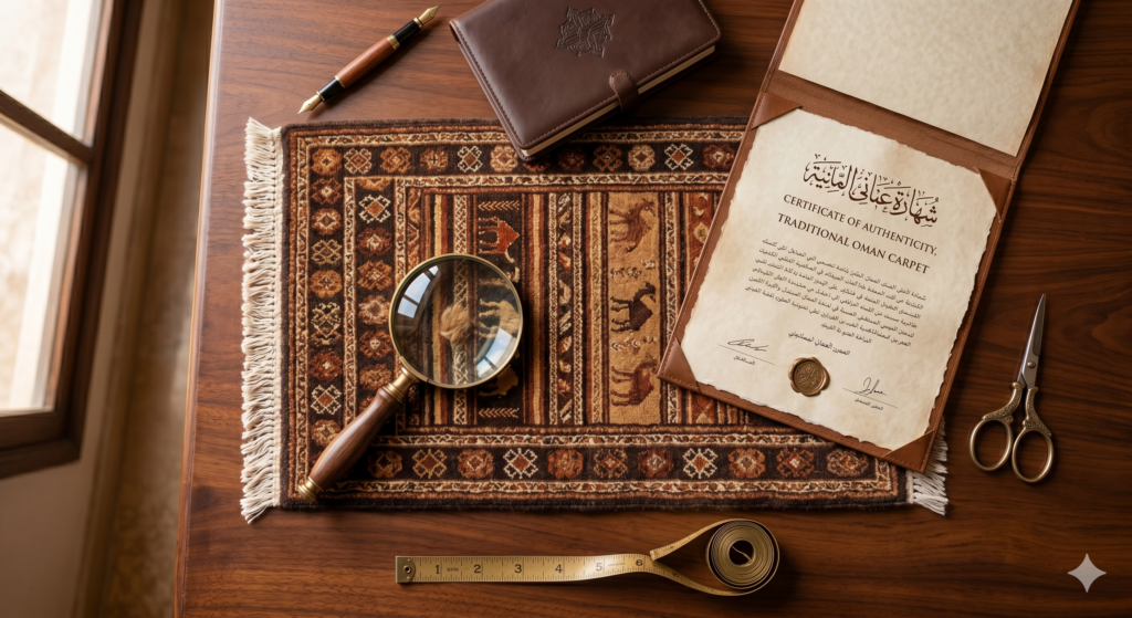 Hand knotted Omani carpet – authenticity verification tools and certificate flat lay – Sonzal the Rainbow