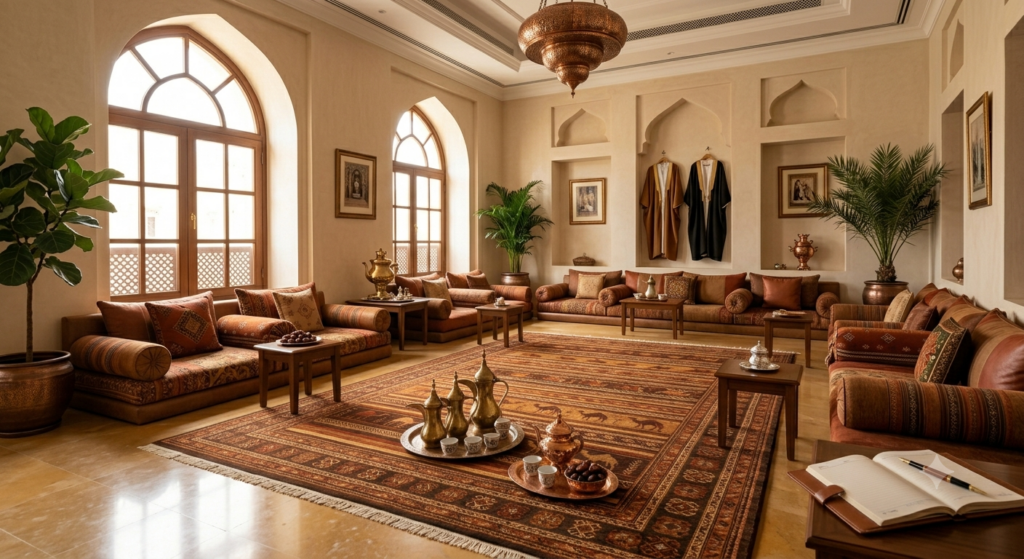 Hand knotted Omani carpet – beautifully styled Arabian majlis featuring traditional Sadu carpet – Sonzal the Rainbow