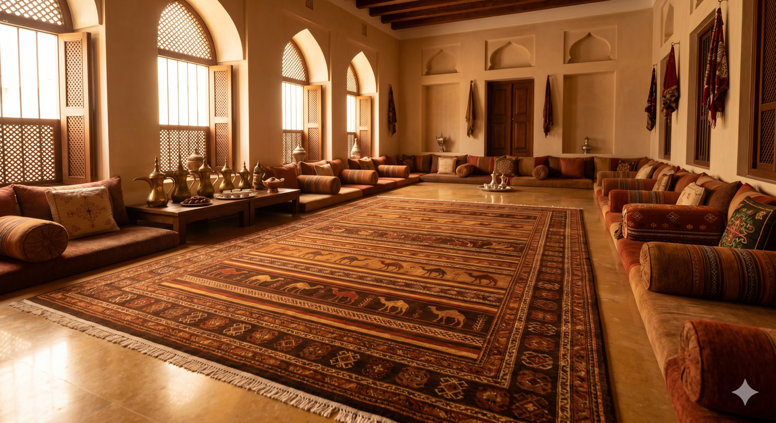 Hand knotted Omani carpet – luxurious Bedouin Sadu carpet displayed in traditional Arabian majlis setting – Sonzal the Rainbow