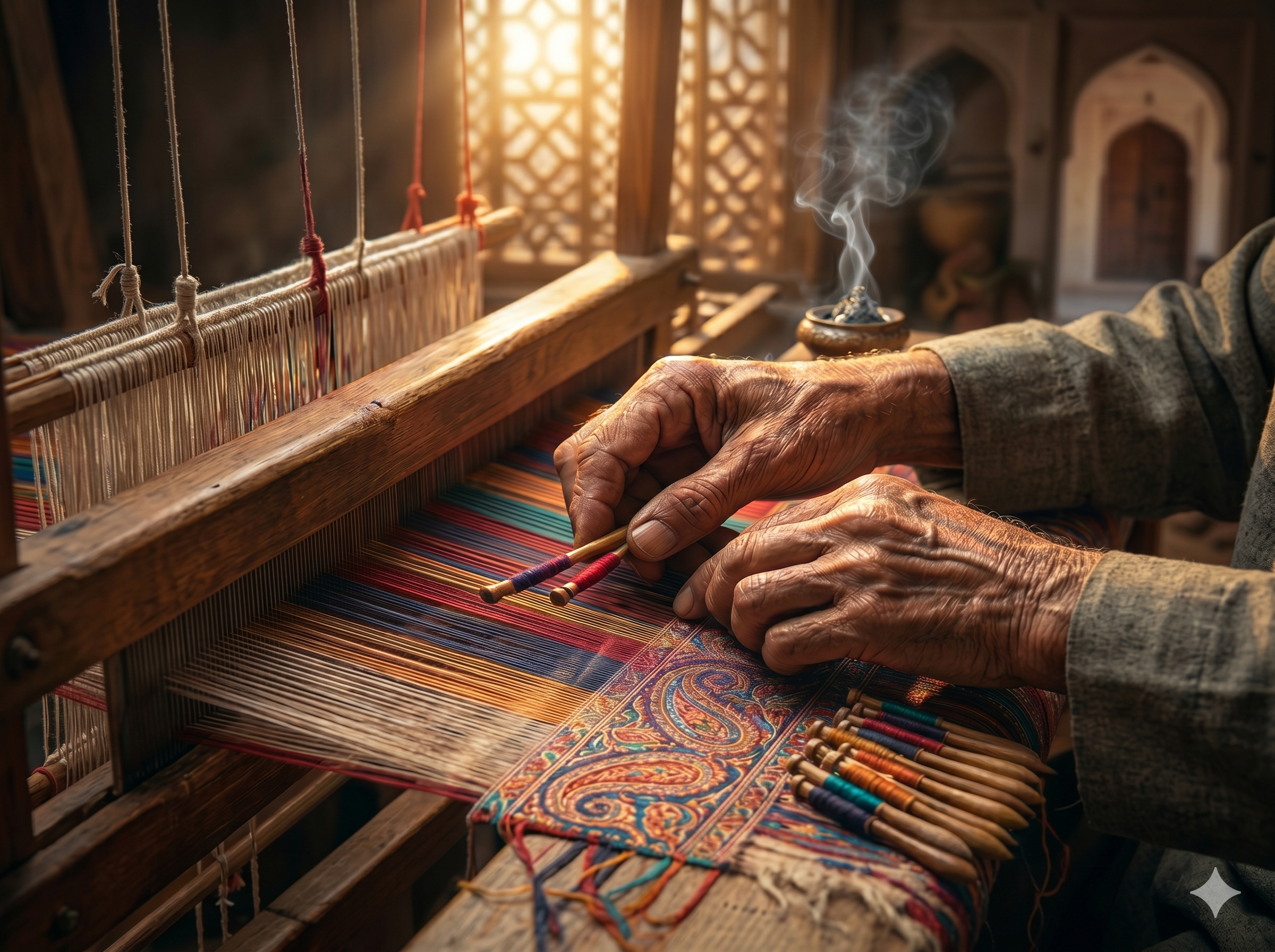 Pure pashmina shawl online – artisan hands weaving pashmina on traditional handloom – Sonzal the Rainbow