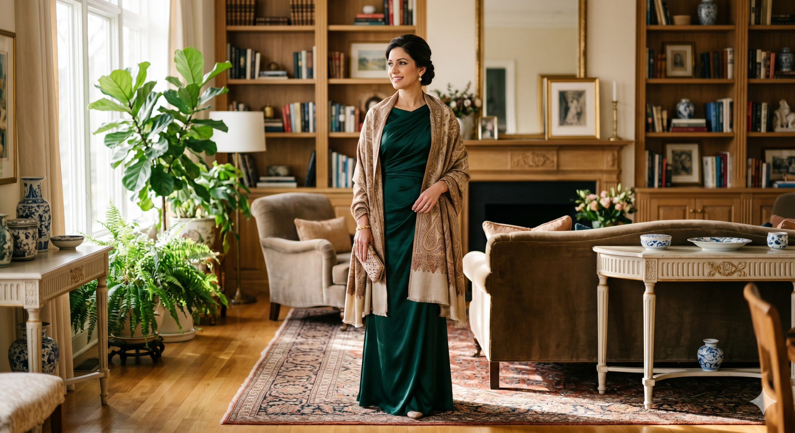 Pure pashmina shawl online – elegant woman wearing luxurious Kashmiri pashmina shawl – Sonzal the Rainbow