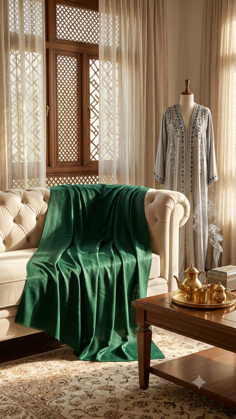Pure pashmina shawl online – luxurious Kashmiri pashmina draped in premium living room setting – Sonzal the Rainbow