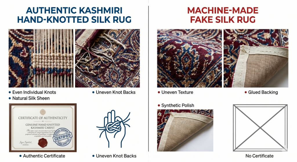 Silk Kashmiri rug price – authentic vs fake comparison infographic – Sonzal the Rainbow