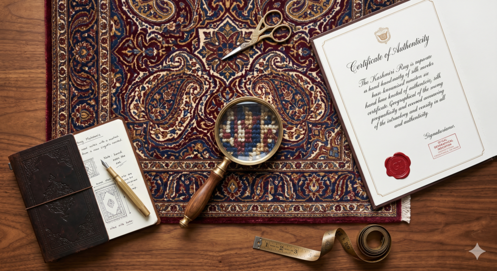 Silk Kashmiri rug price – authenticity verification tools and certificate flat lay – Sonzal the Rainbow