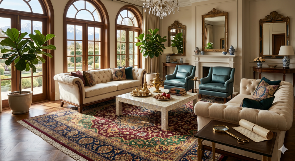 Silk Kashmiri rug price – beautifully styled formal living room featuring silk rug – Sonzal the Rainbow