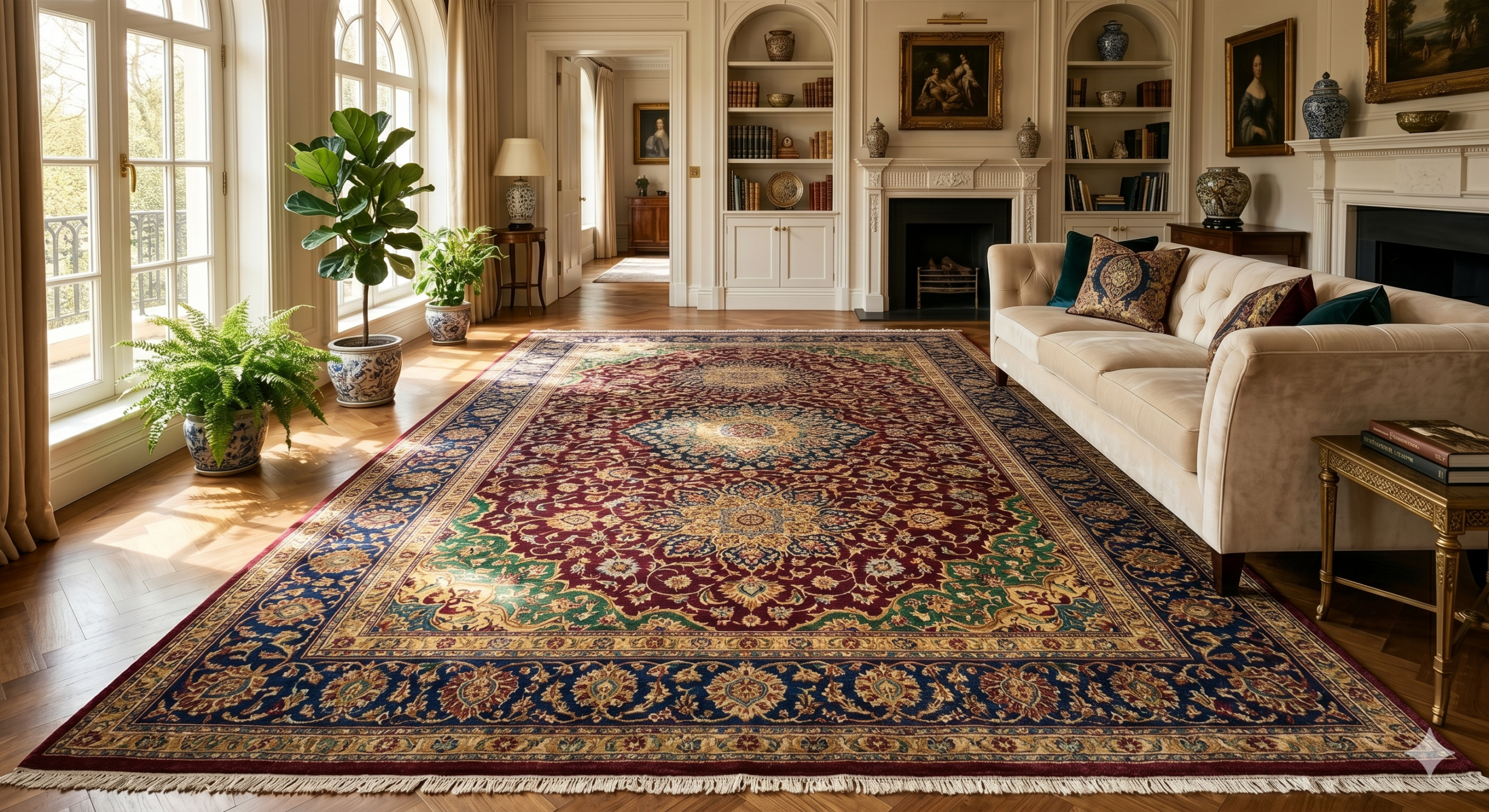 Silk Kashmiri rug price – luxurious hand-knotted silk carpet displayed in premium living room setting – Sonzal the Rainbow