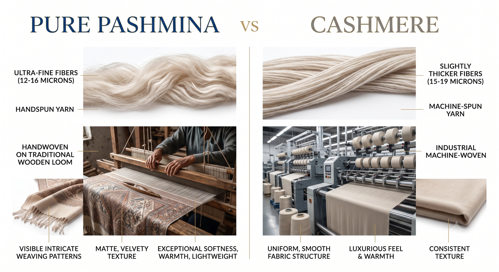 Cashmere vs pashmina comparison infographic showing fiber thickness, texture, and weaving differences – Sonzal the Rainbow