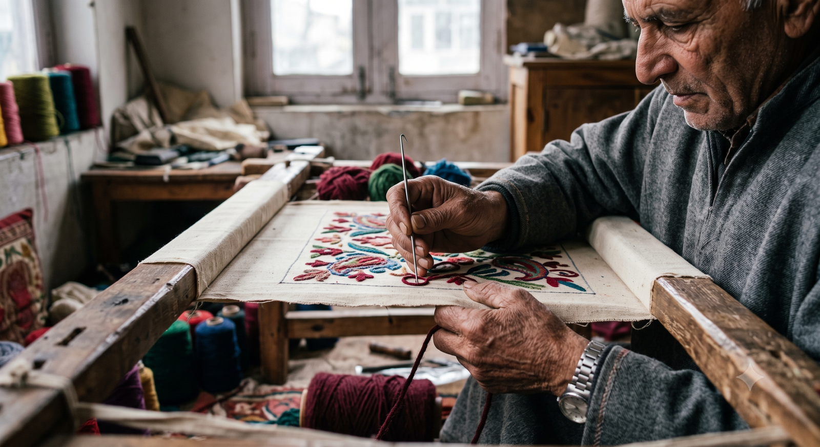 Crewel embroidery Kashmir – artisan working with aari hook needle on crewel embroidery – Sonzal the Rainbow