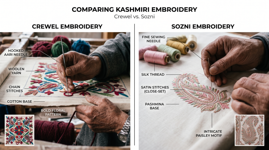 crewel embroidery vs sozni embroidery
