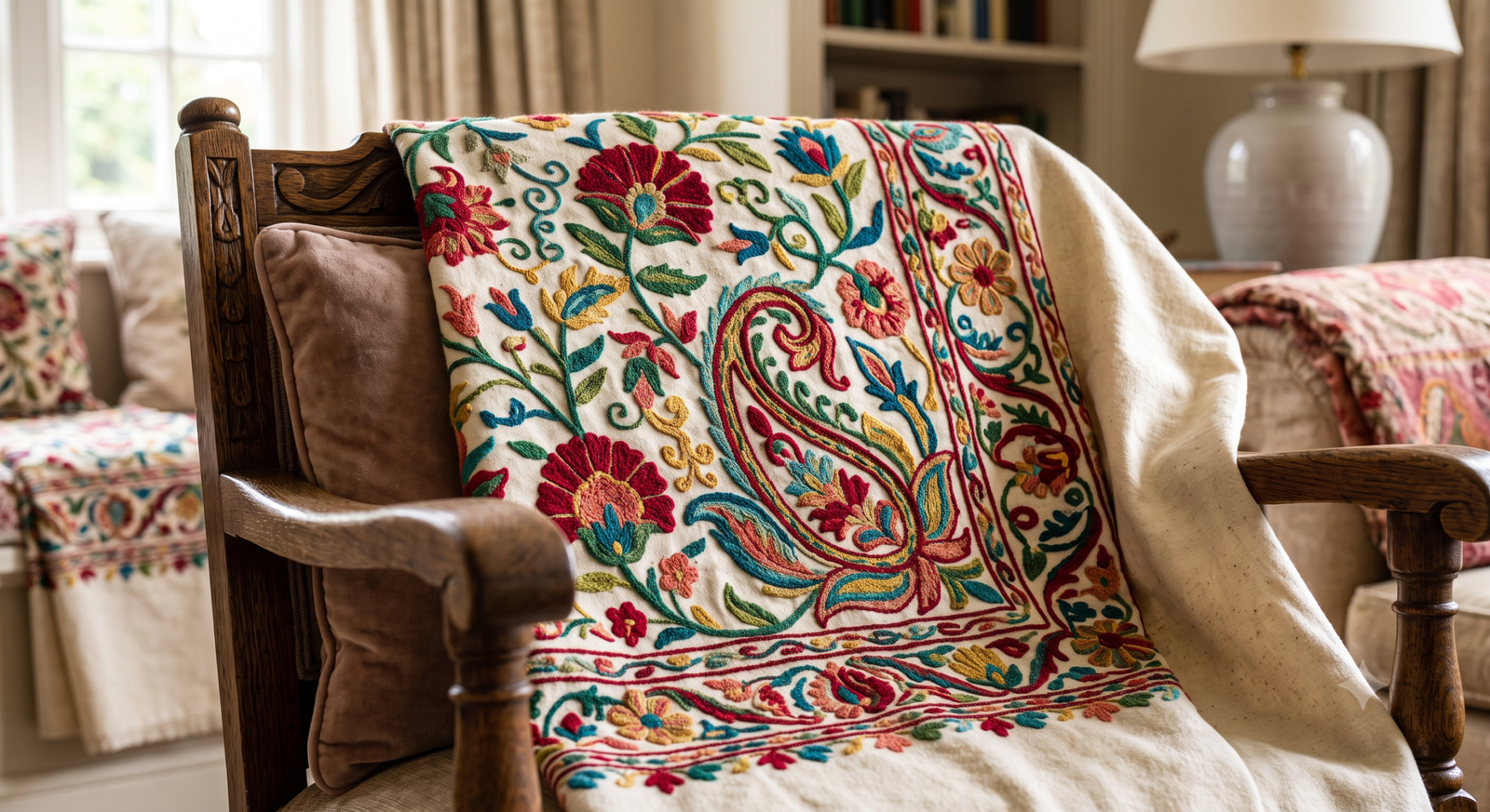 Crewel embroidery Kashmir – exquisite floral and paisley motifs on luxurious home furnishing fabric – Sonzal the Rainbow