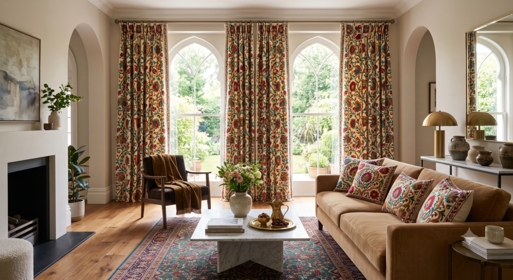 Crewel embroidery Kashmir – luxurious crewel curtains and cushions in modern living room – Sonzal the Rainbow