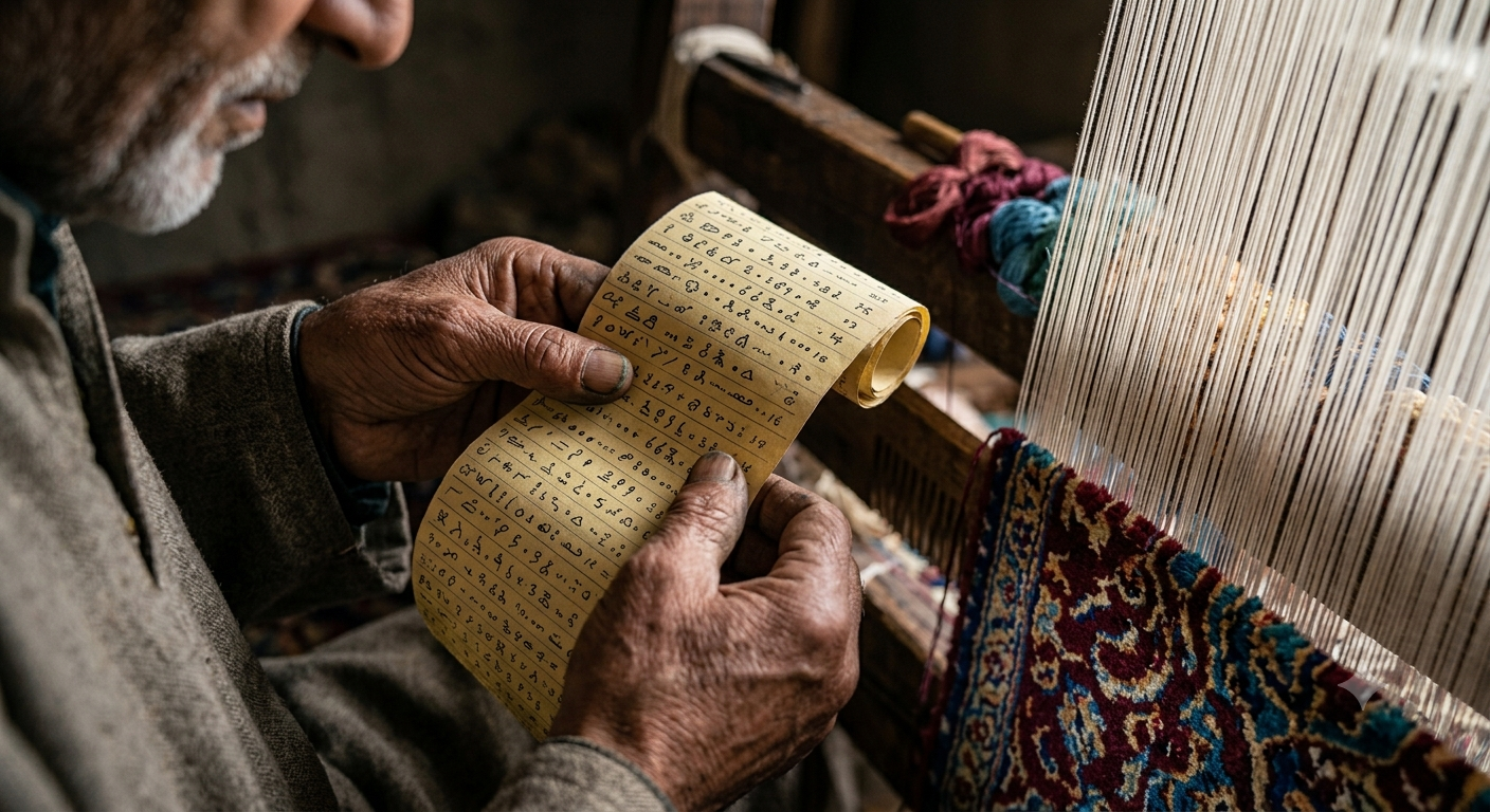 Hand knotted Kashmiri silk carpet – artisan reading Taleem coded script for weaving instructions – Sonzal the Rainbow