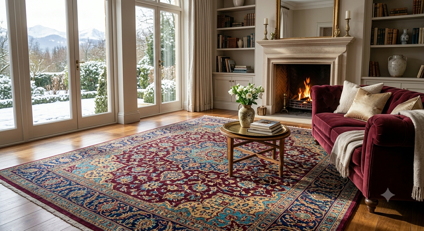 Hand knotted Kashmiri silk carpet – luxurious silk carpet displayed in premium living room setting – Sonzal the Rainbow