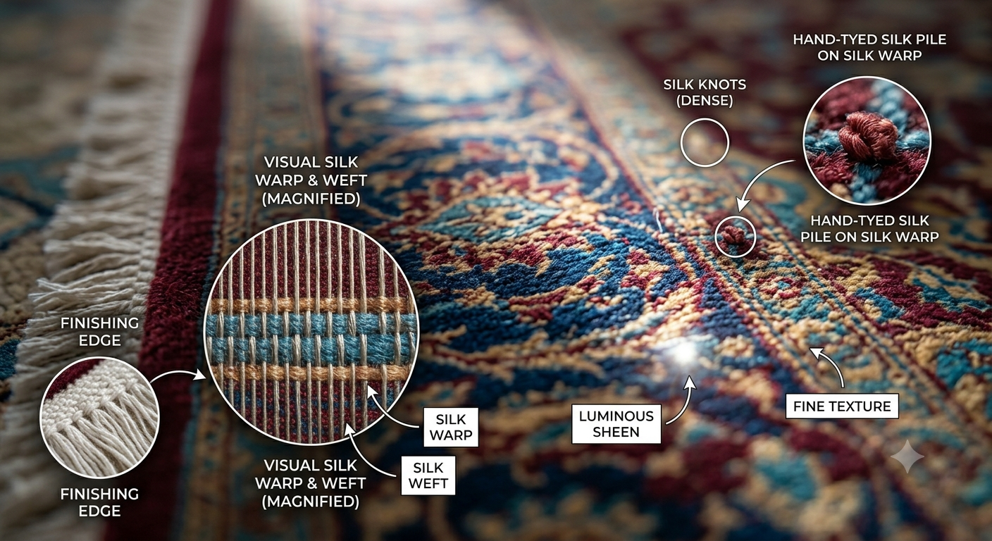 Hand knotted Kashmiri silk carpet – macro close-up of silk fibers and knot texture – Sonzal the Rainbow