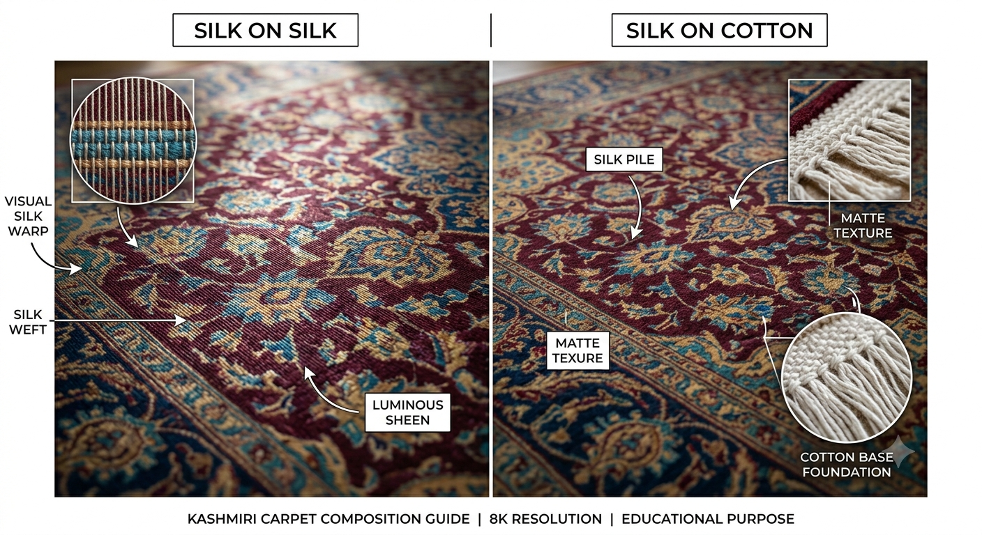 Hand knotted Kashmiri silk carpet – silk on silk vs silk on cotton comparison infographic – Sonzal the Rainbow