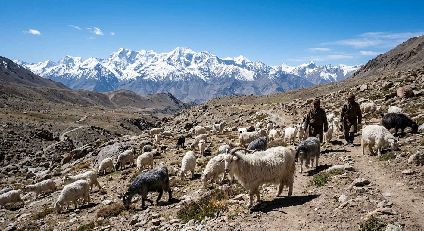 Pure pashmina shawl cashmere wrap – Changthangi goats in Ladakh producing ultra-fine pashmina wool – Sonzal the Rainbow