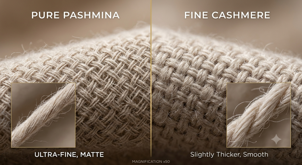 Pure pashmina shawl cashmere wrap – macro comparison of pashmina and cashmere fiber textures – Sonzal the Rainbow