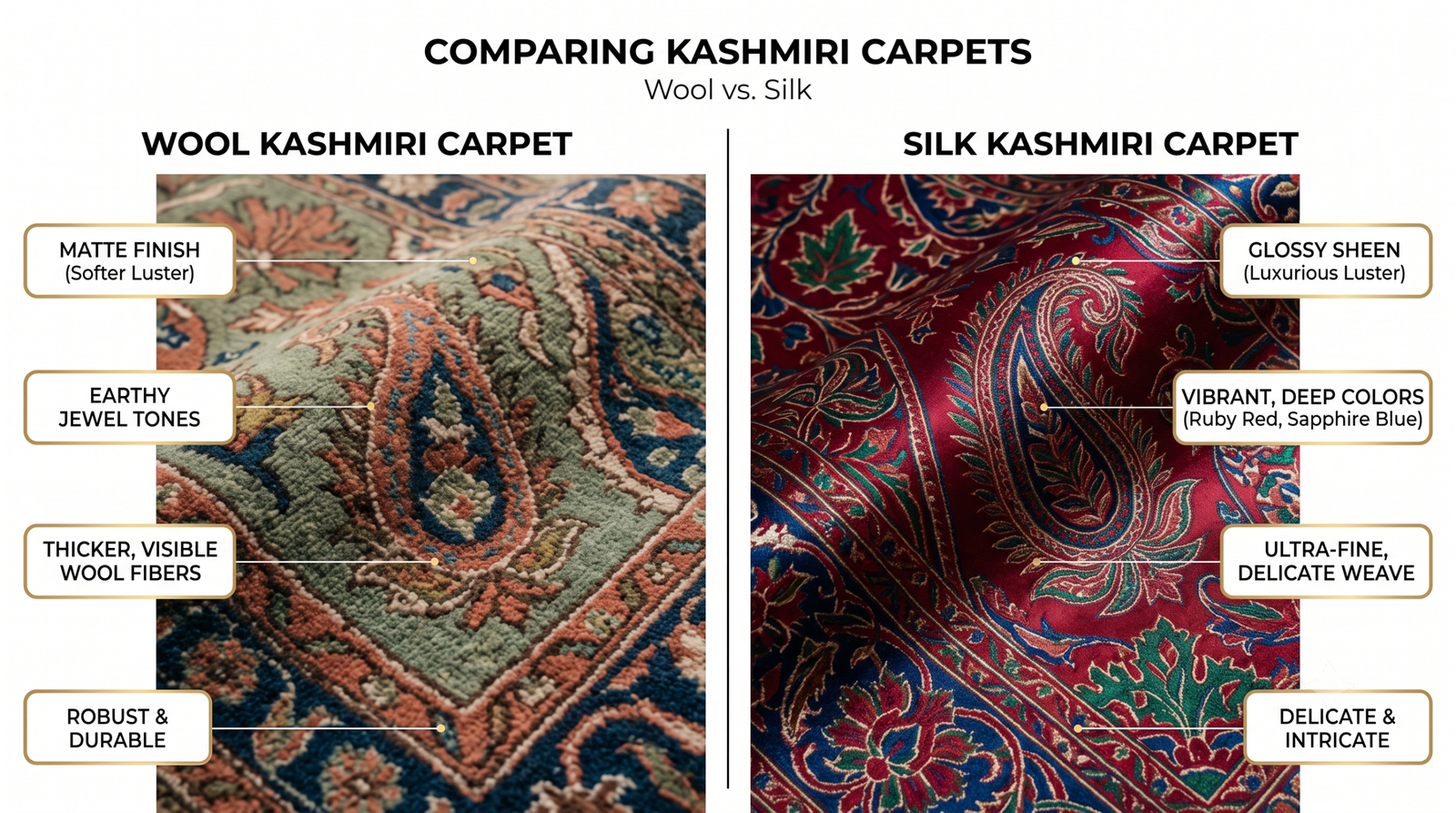 Wool vs silk Kashmiri carpet comparison infographic showing texture and finish differences – Sonzal the Rainbow
