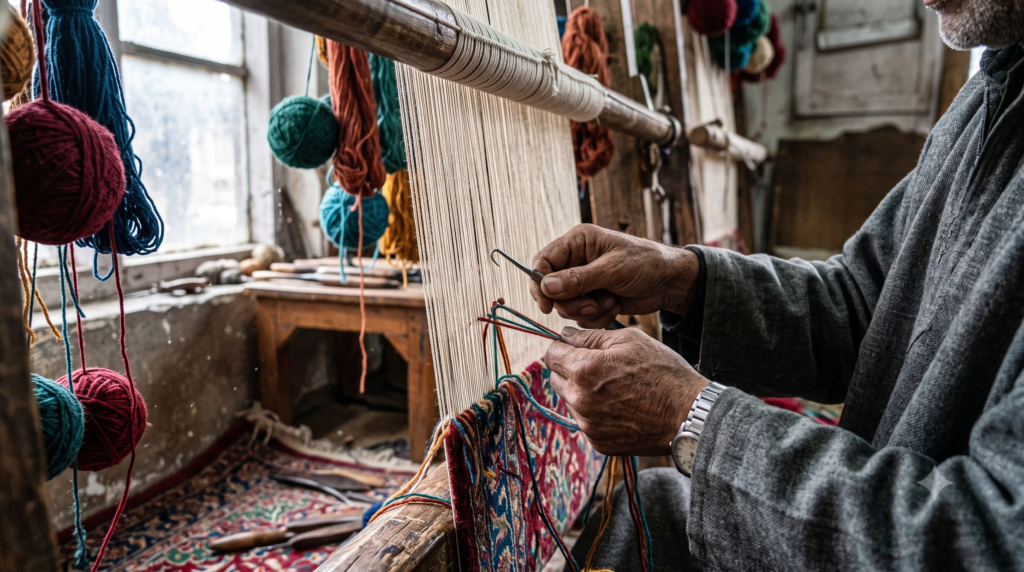 Wool vs silk Kashmiri carpet – artisan weaving on traditional loom – Sonzal the Rainbow