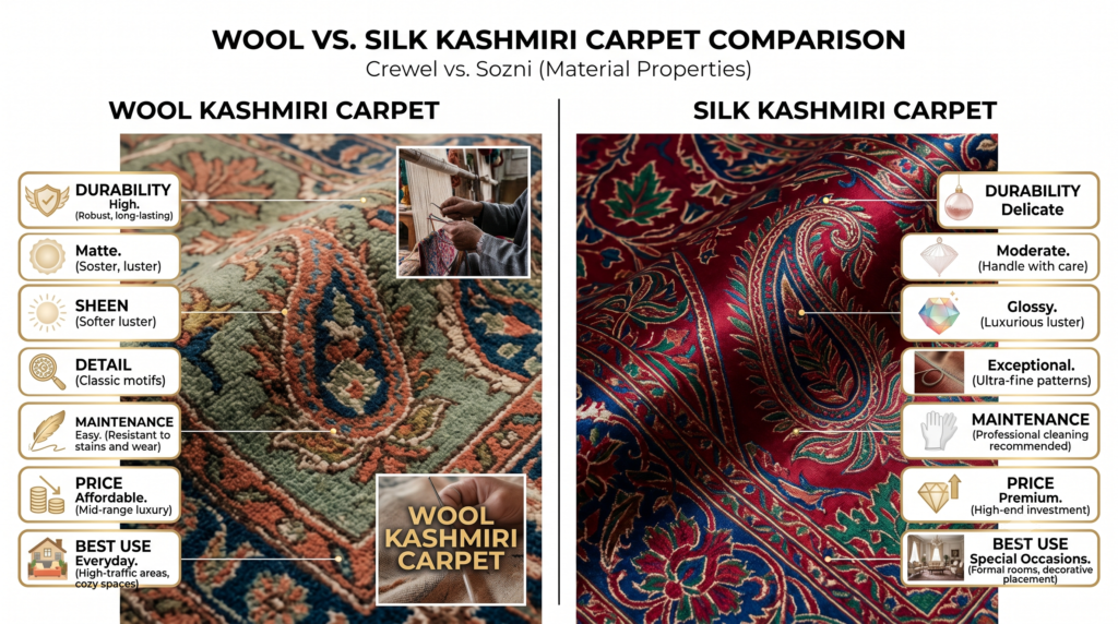 Wool vs silk Kashmiri carpet – comprehensive property comparison infographic – Sonzal the Rainbow