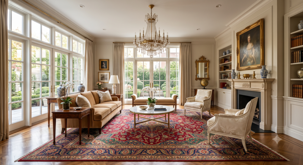 Wool vs silk Kashmiri carpet – luxurious silk carpet in elegant formal living room – Sonzal the Rainbow