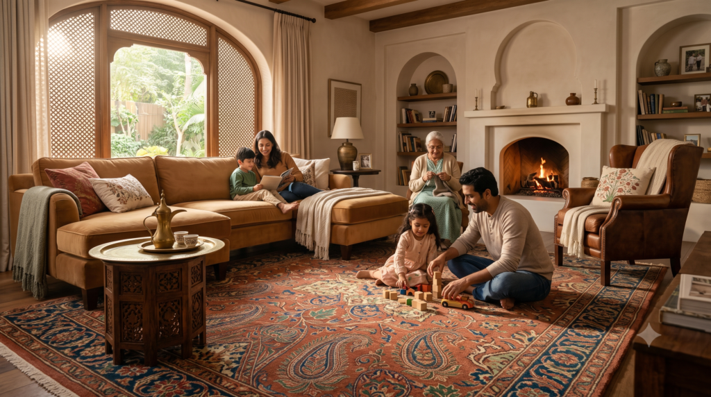 Wool vs silk Kashmiri carpet – wool carpet in warm family living room – Sonzal the Rainbow