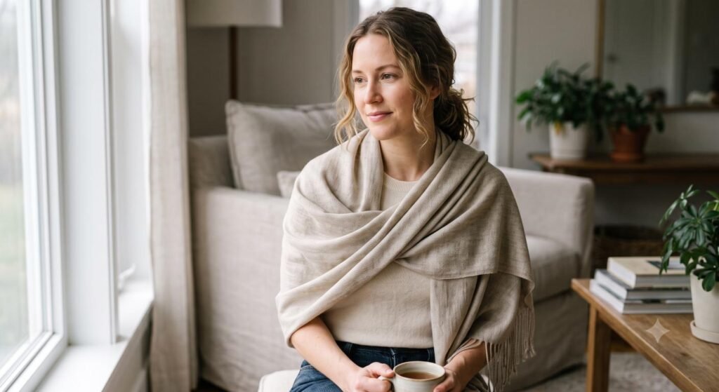 woman wearing authentic pashmina shawl outdoors